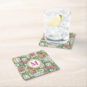 Mahjong Chinoiserie Floral Monogram Personalized Square Paper Coaster