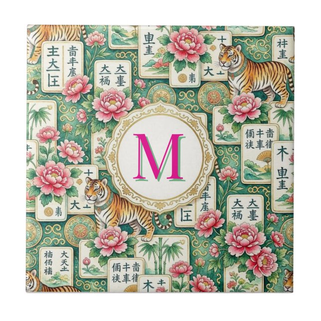 Mahjong Chinoiserie Floral Monogram Personalized  Tile (Front)