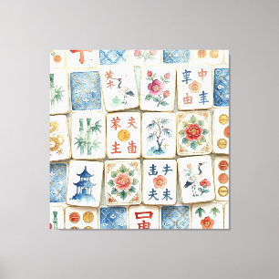 Mahjong Chinoiserie Tiles Watercolor Flowers Birds Canvas Print