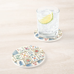 Mahjong Chinoiserie Tiles Watercolor Flowers Birds Coaster