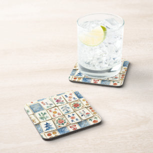 Mahjong Chinoiserie Tiles Watercolor Flowers Birds Coaster