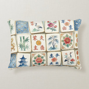 Mahjong Chinoiserie Tiles Watercolor Flowers Birds Decorative Cushion