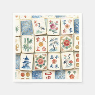 Mahjong Chinoiserie Tiles Watercolor Flowers Birds Napkin