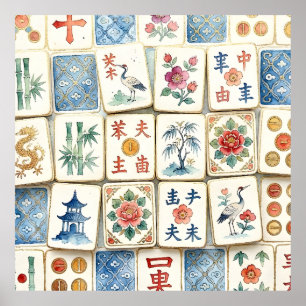 Mahjong Chinoiserie Tiles Watercolor Flowers Birds Poster