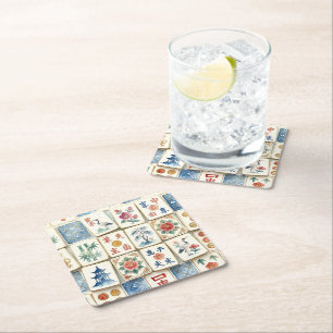 Mahjong Chinoiserie Tiles Watercolor Flowers Birds Square Paper Coaster