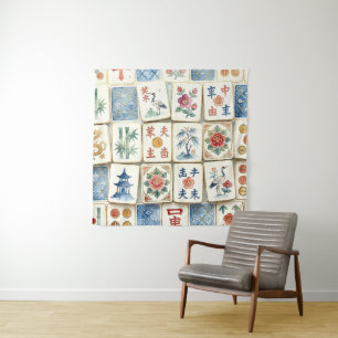 Mahjong Chinoiserie Tiles Watercolor Flowers Birds Tapestry
