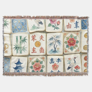Mahjong Chinoiserie Tiles Watercolor Flowers Birds Throw Blanket