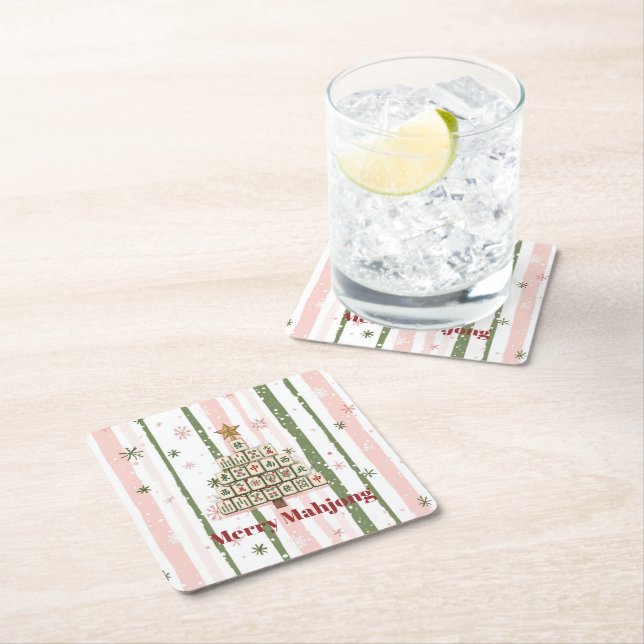 Mahjong Christmas Tree Customisable Square Paper Coaster (Insitu)