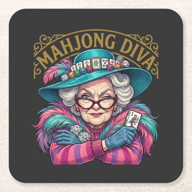 Mahjong Diva Funny Women's Square Paper Coaster (Front)