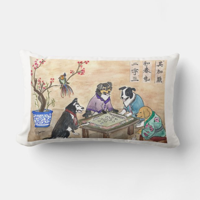 Mahjong Dogs - yellow Lumbar Cushion (Front)
