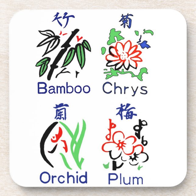 Mahjong Flower Suits,Blue,Red,Green,Black on White Coaster (Front)