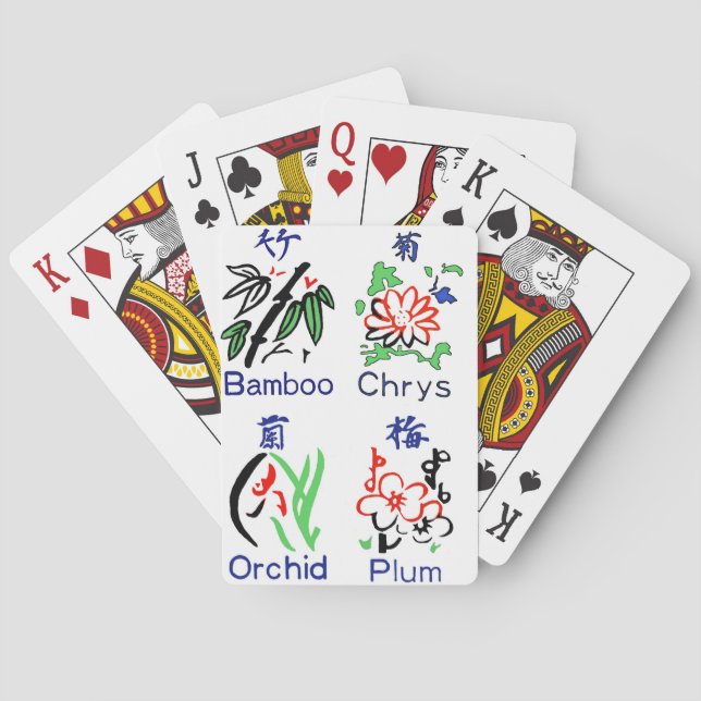 Mahjong Flower Suits,Blue,Red,Green,Black on White Playing Cards (Back)