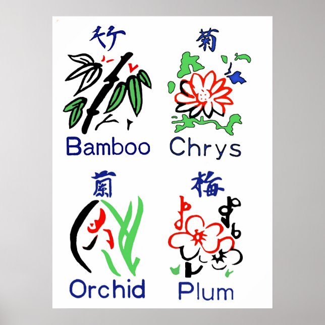 Mahjong Flower Suits,Blue,Red,Green,Black on White Poster (Front)