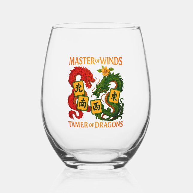 Mahjong Master of Winds & Tamer of Dragons Stemless Wine Glass (Front)