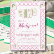 Mahjong Party Invitation, Pink Green Coquette