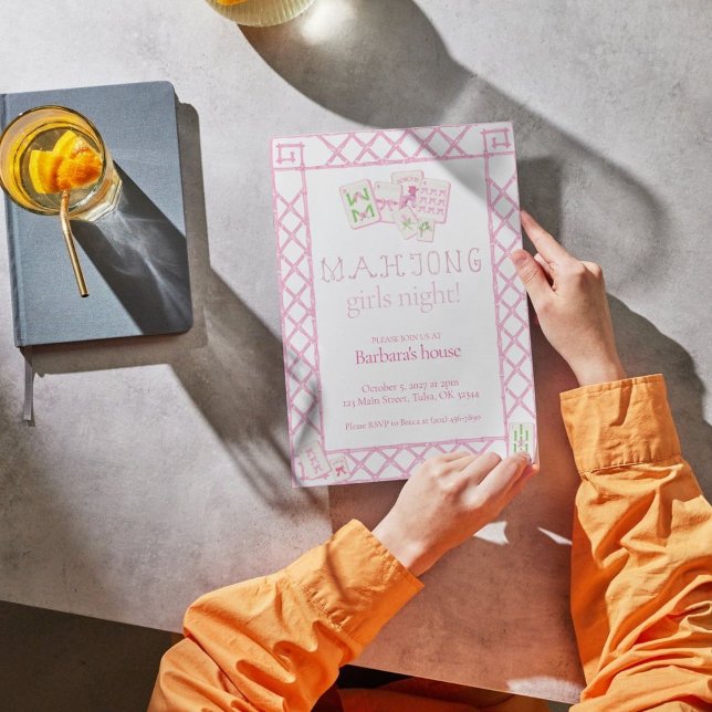 Mahjong Party Invites, Bamboo lettering, pink tile Invitation (Creator Uploaded)