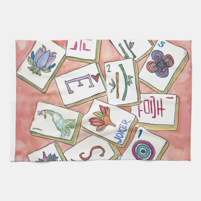 Mahjong  peach tea towel (Horizontal)