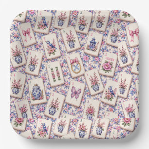 Mahjong Pink And Blue Tiles Paper Plate