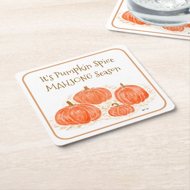 Mahjong Pumpkin Spice Season Watercolor Pumpkin Square Paper Coaster (Angled)