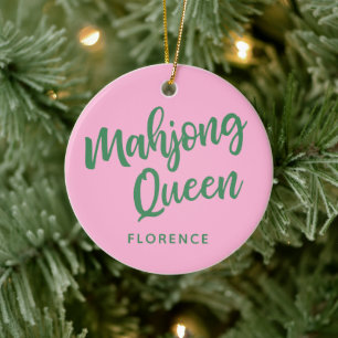 Mahjong Queen Personalised Name Pink and Green Ceramic Tree Decoration