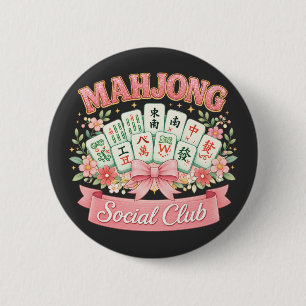 Mahjong Social Club Pink Floral Bow 6 Cm Round Badge