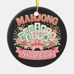 Mahjong Social Club Pink Floral Bow Ceramic Tree Decoration
