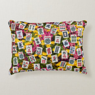 Mahjong symbols on wildflowers background decorative cushion