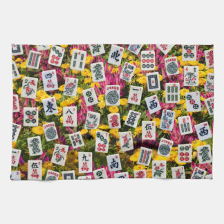 Mahjong symbols on wildflowers background tea towel