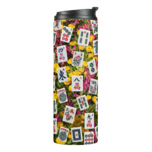Mahjong symbols on wildflowers background thermal tumbler
