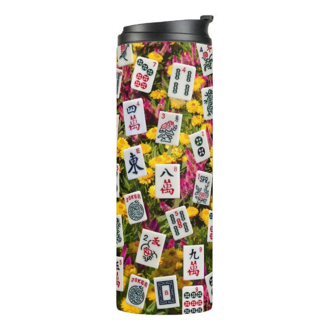 Mahjong symbols on wildflowers background thermal tumbler (Rotated Left)
