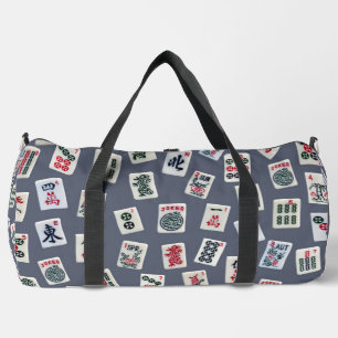 Mahjong symbols tiles on dark blue duffle bag