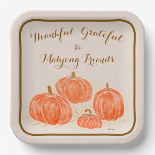 Mahjong Thankful Grateful Watercolor Pumpkins Paper Plate