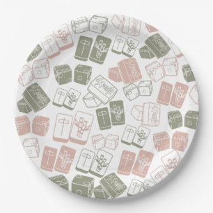 Mahjong tiles and dice in pink and khaki paper plate