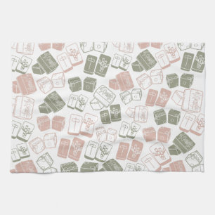 Mahjong tiles and dice pink and green tea towel