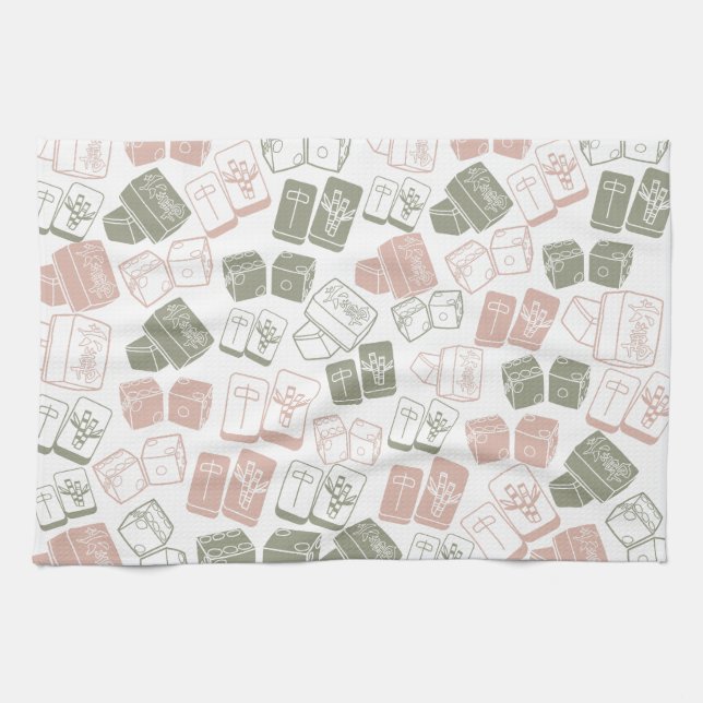 Mahjong tiles and dice pink and green tea towel (Horizontal)