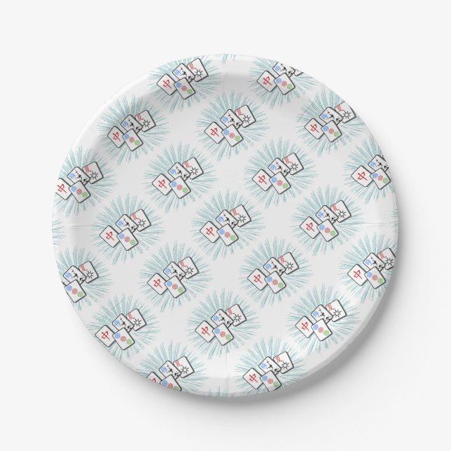 Mahjong Tiles Blue Paper Plate (Front)