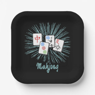 Mahjong Tiles Blue Starburst Custom Paper Plate