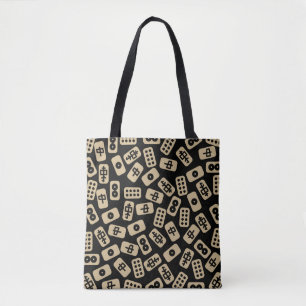 Mahjong tiles brown on black tote bag