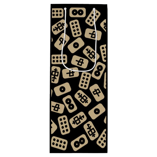 Mahjong tiles brown on black wine gift bag (Front)