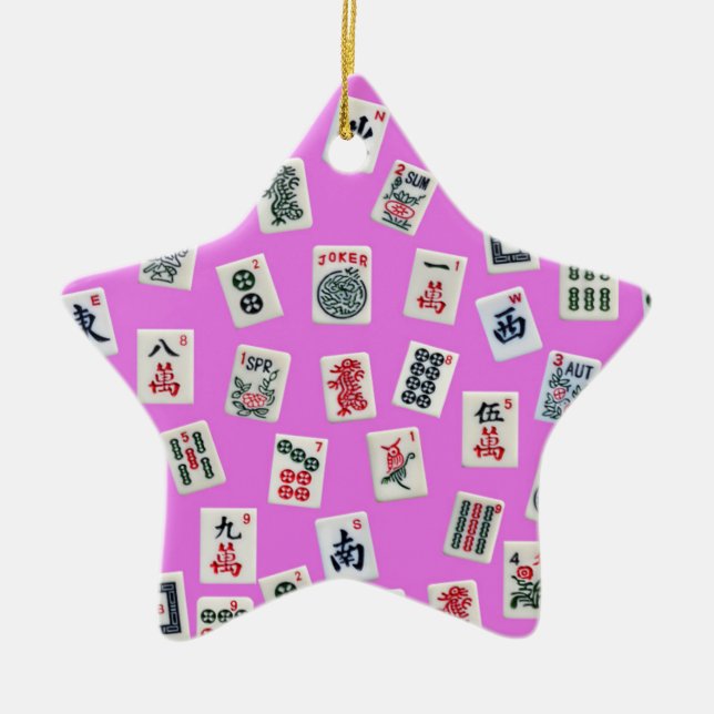 Mahjong tiles design on pink ceramic tree decoration (Front)