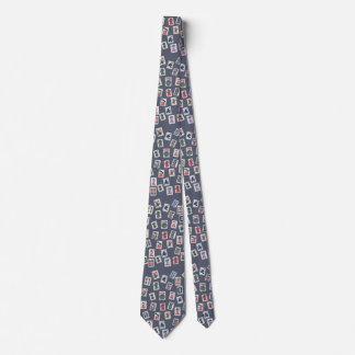 Mahjong tiles on dark blue tie