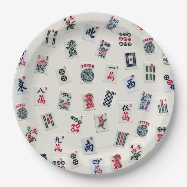 MahJong tiles on pastel badge background  Paper Plate (Front)