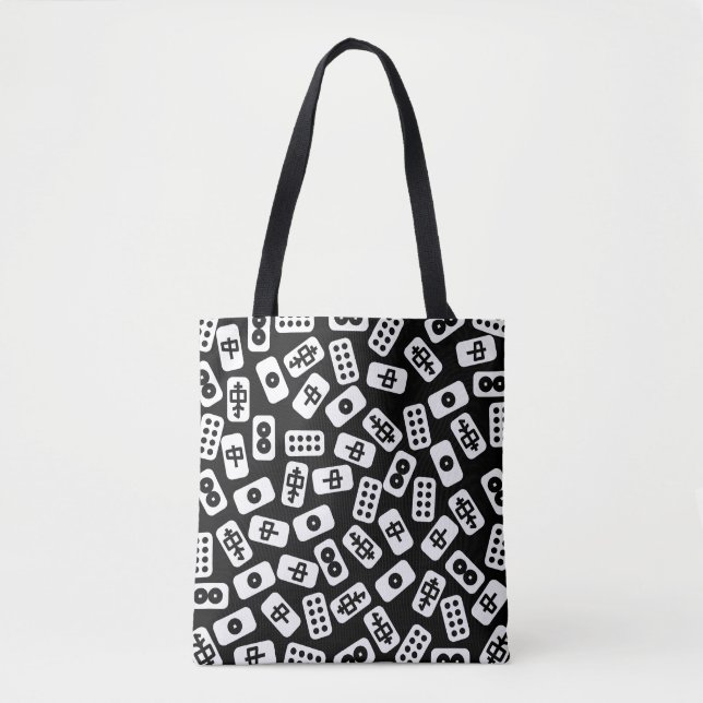 Mahjong tiles patten white on black tote bag (Front)