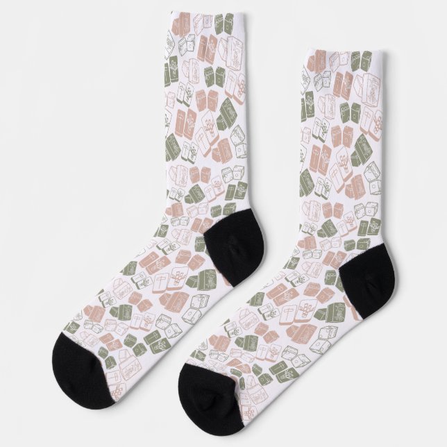 Mahjong tiles pink and olive green on white | Mahj Socks (Left)