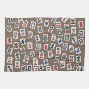 MahJong tiles (symbols) on brown Tea Towel