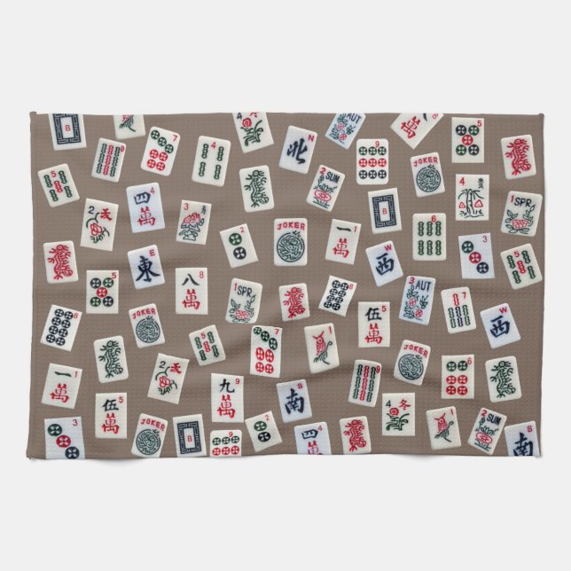 MahJong tiles (symbols) on brown Tea Towel (Horizontal)