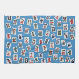MahJong tiles (symbols) on light blue Tea Towel
