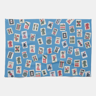 MahJong tiles (symbols) on light blue Tea Towel