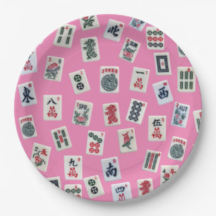 MahJong tiles symbols on pink Paper Plate
