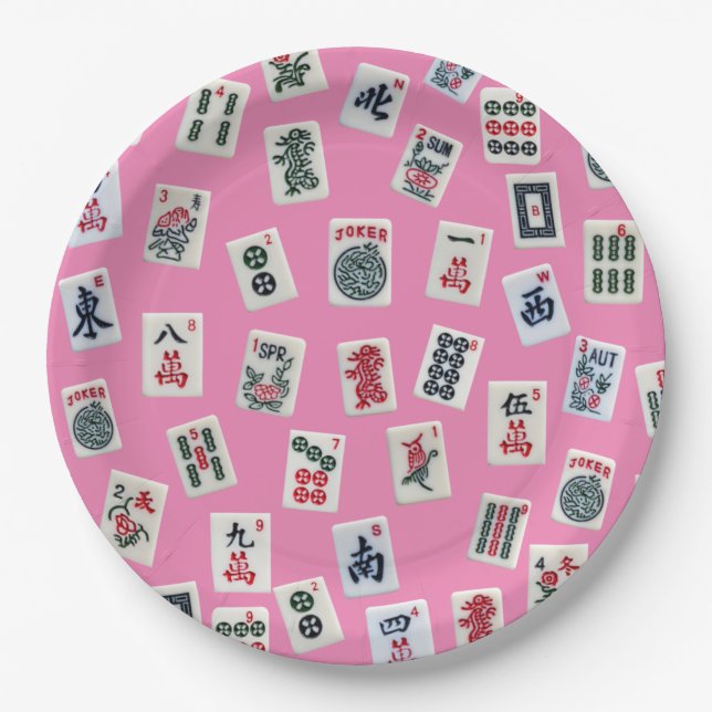 MahJong tiles symbols on pink Paper Plate (Front)